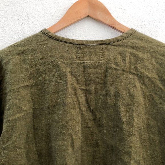 FLAX Green Olive Long Sleeve Linen Buttoned Blouse Size XL - Picture 3 of 9